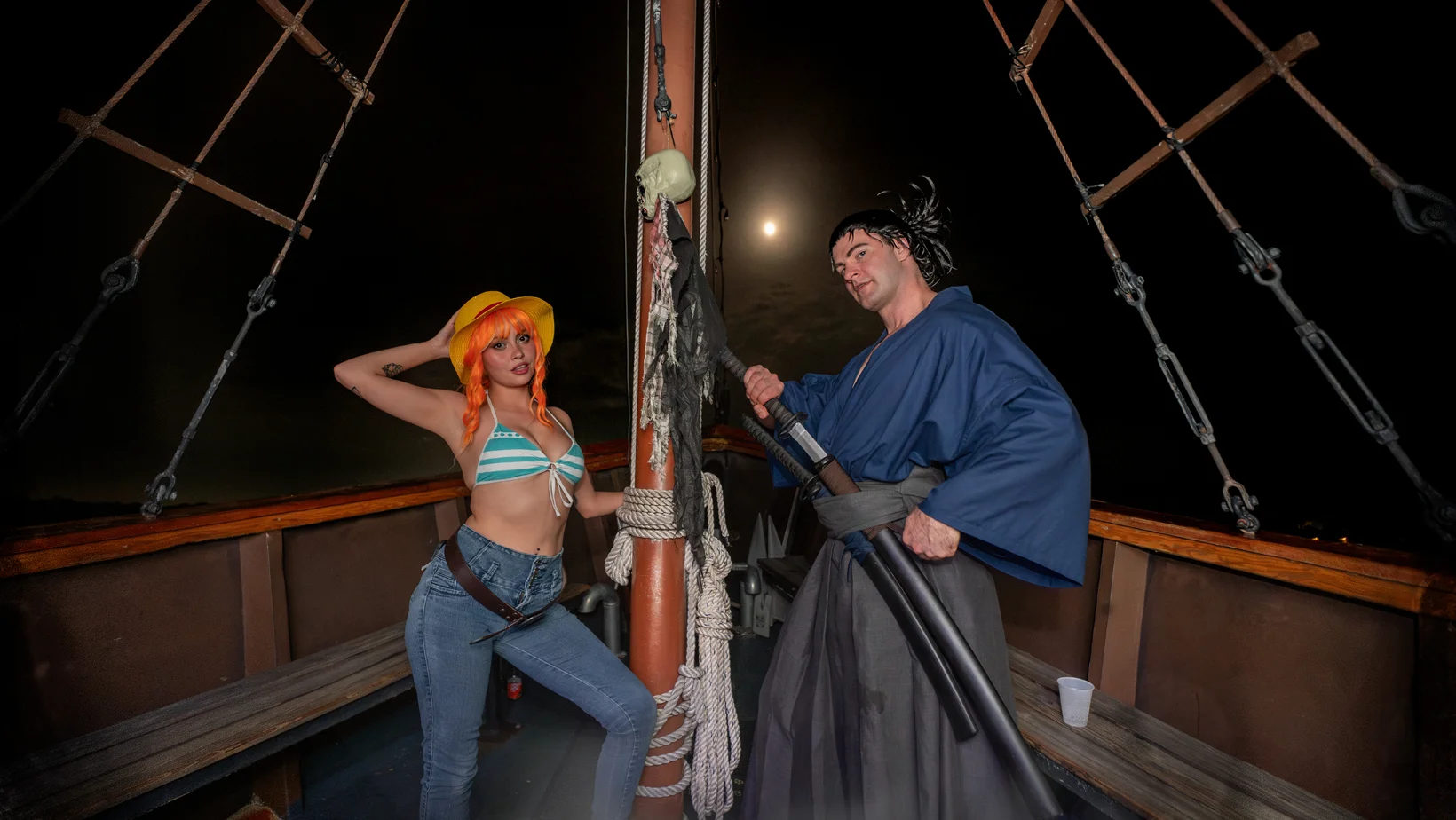 Pirate Cosplay Friends Posing On A Pirate Boat