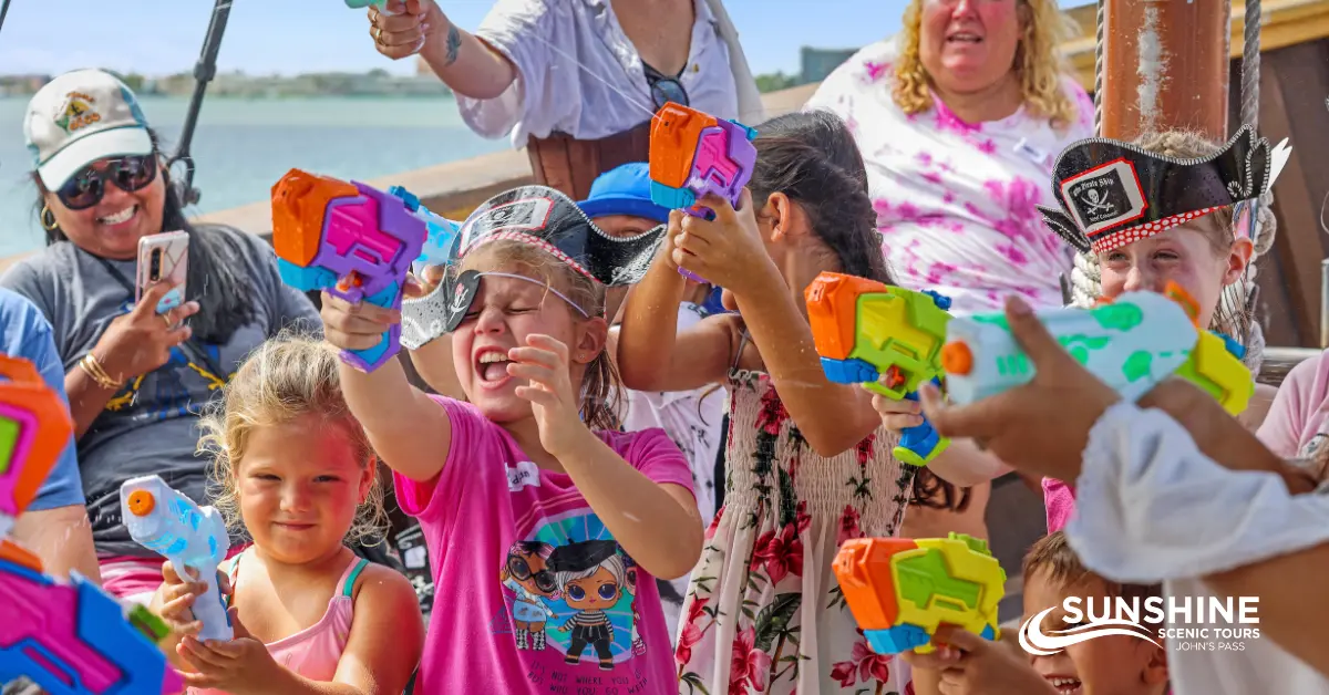 A group of children happily playing with toy guns