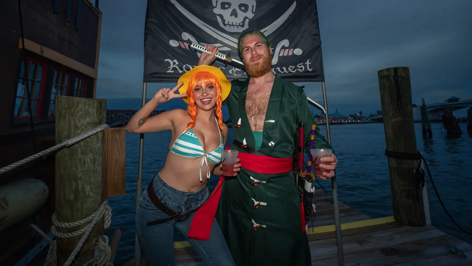 Pirate Cosplay Friends Drinking Beside Dock